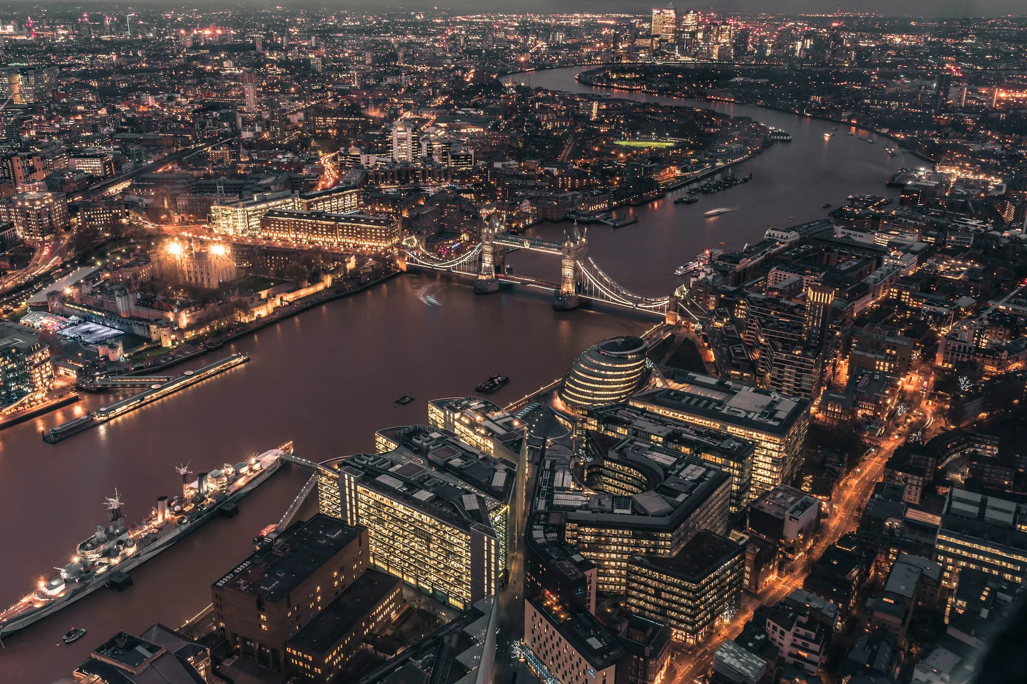 Tower Bridge and the Thames from the air at night