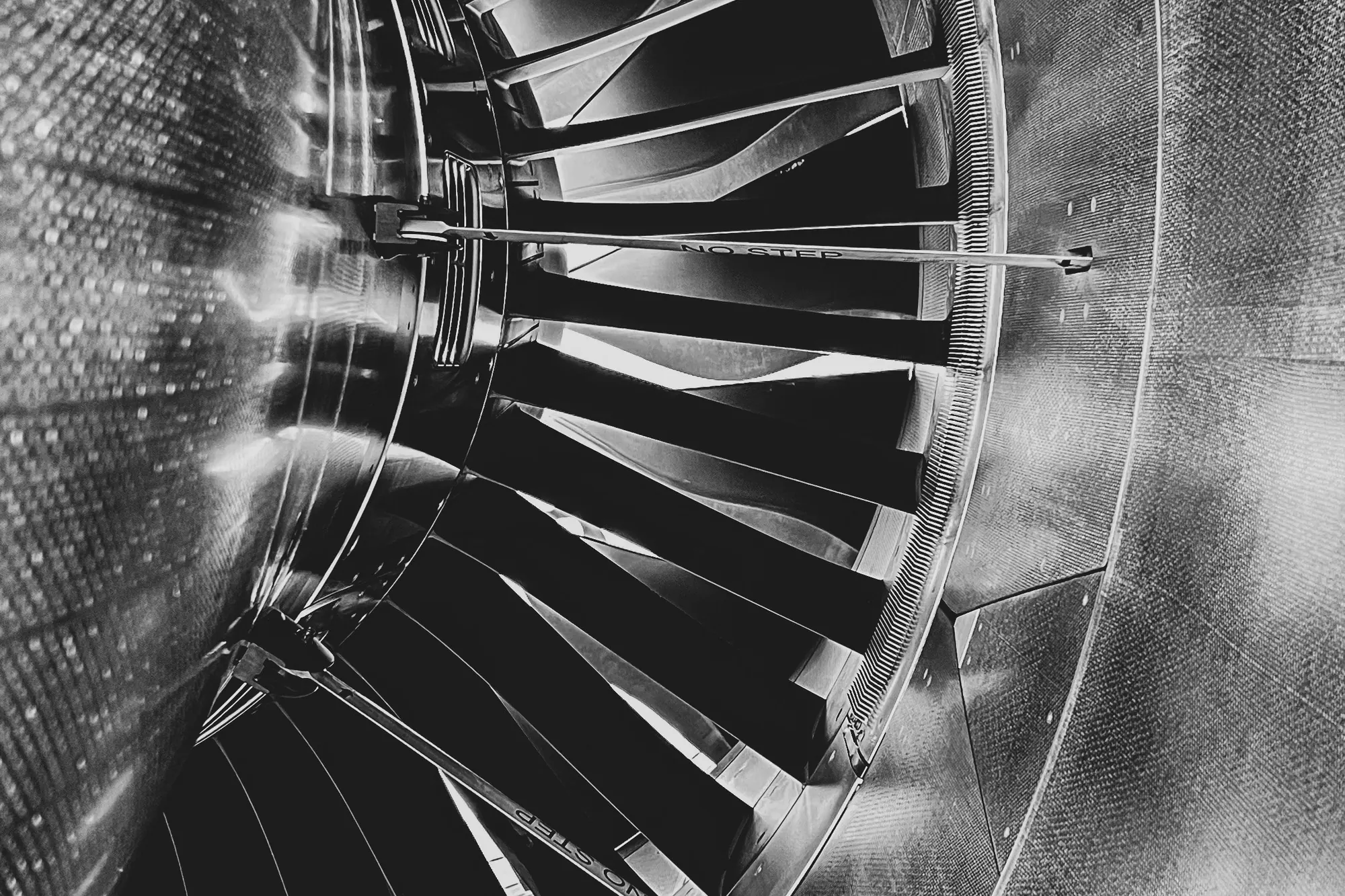 Close view of turbine blades in black and white